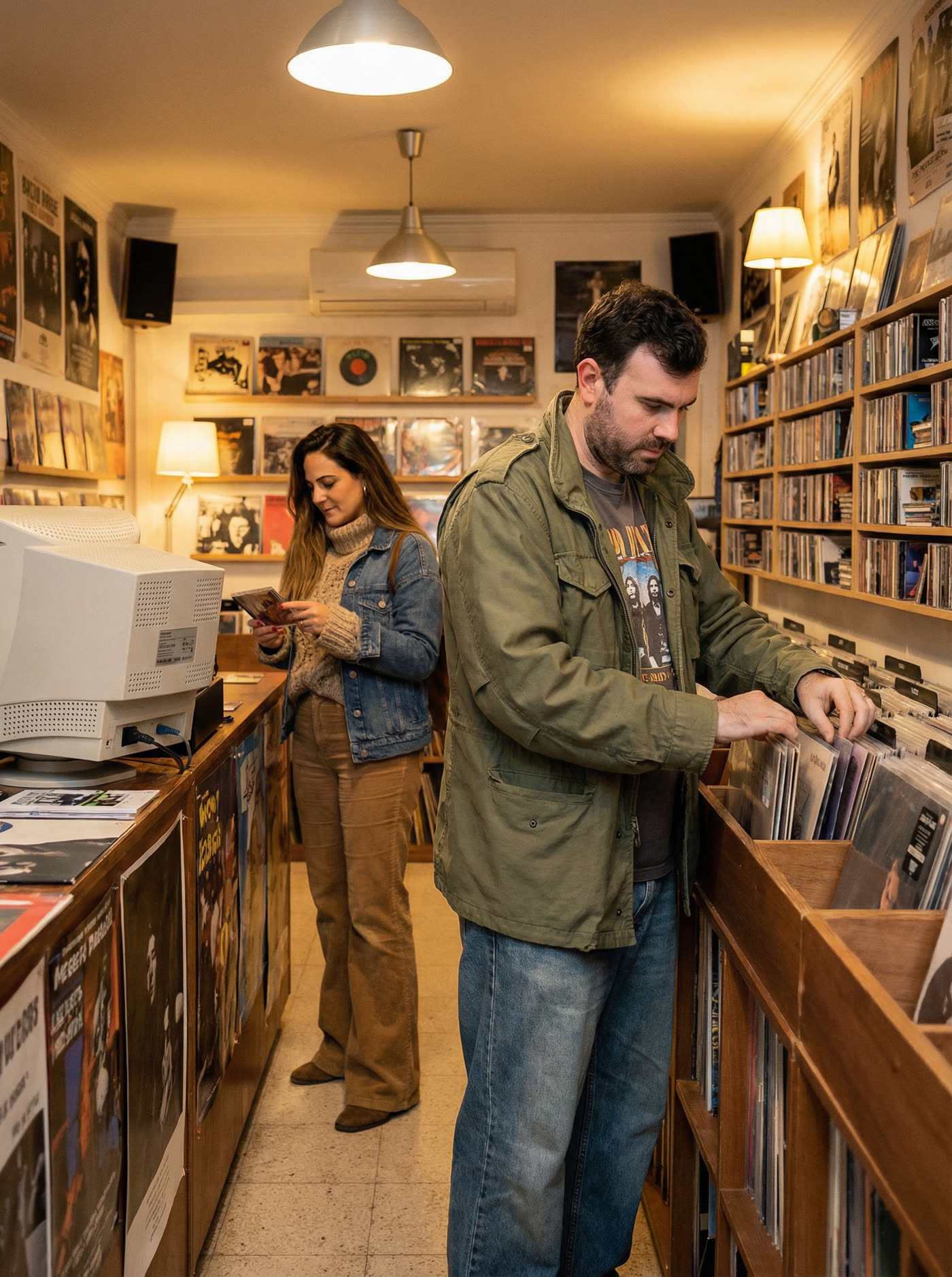 Bruno e Filipa a escolher discos numa loja de vinil